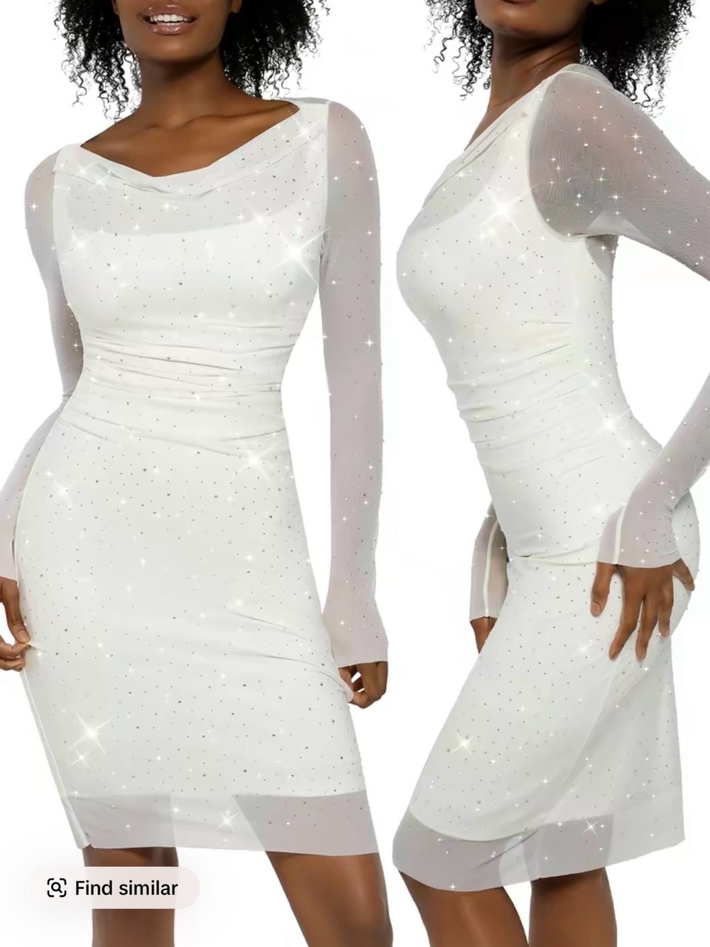 White Long-Sleeve Mesh Dress with Sparkle